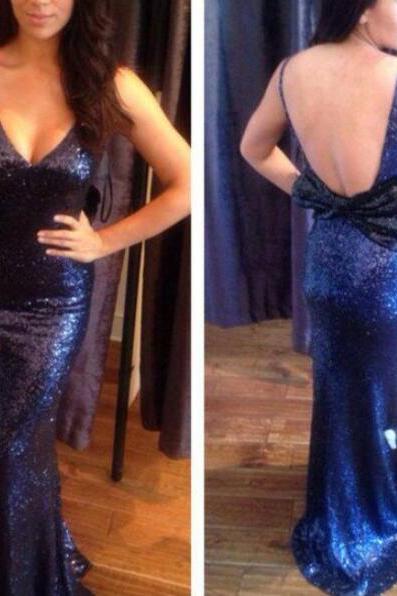 Navy Blue Mermaid Sequins Bridesmaid Dress with Bow, Sexy Evening Dresses, Formal Dresses