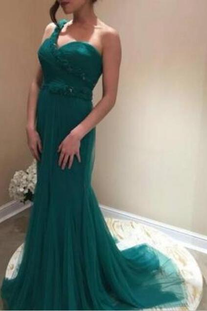 Hunter Green One Shoulder Mermaid Long Tulle Formal Dress, Prom Dress 2018, Evening Dresses