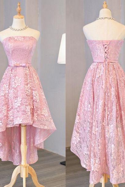 Pink Lace High Low Party Dress, Homecoming Dress, Lace Formal Dress 2018