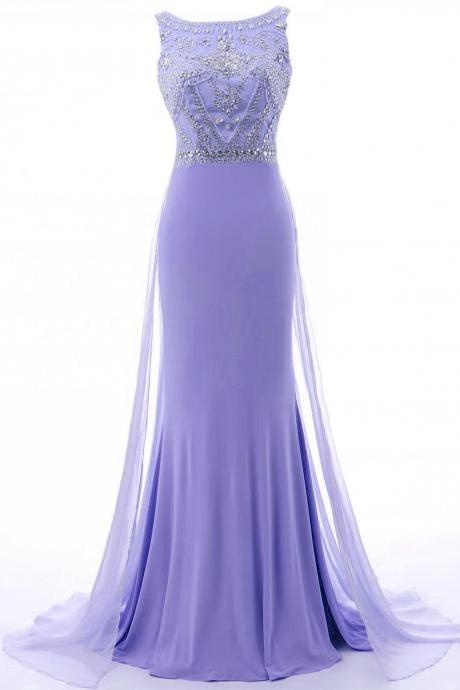 Lilac Mermaid Beaded Long Party Dress, Spandex Round Neckline Formal Dress, Junior Prom Dresses