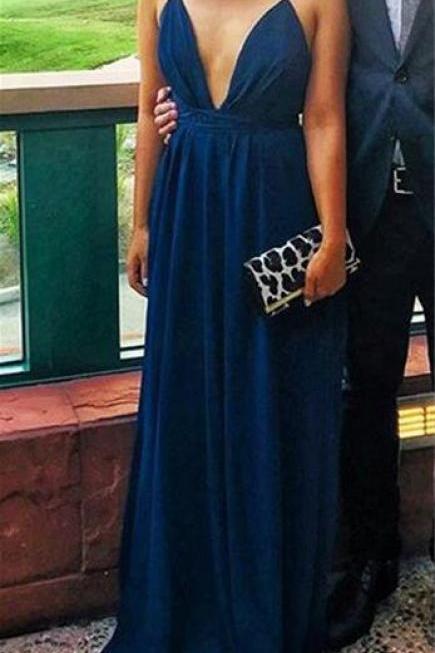 Navy Blue Halter Cross Back Prom Dress 2018, Long Formal Dress, Prom Dresses