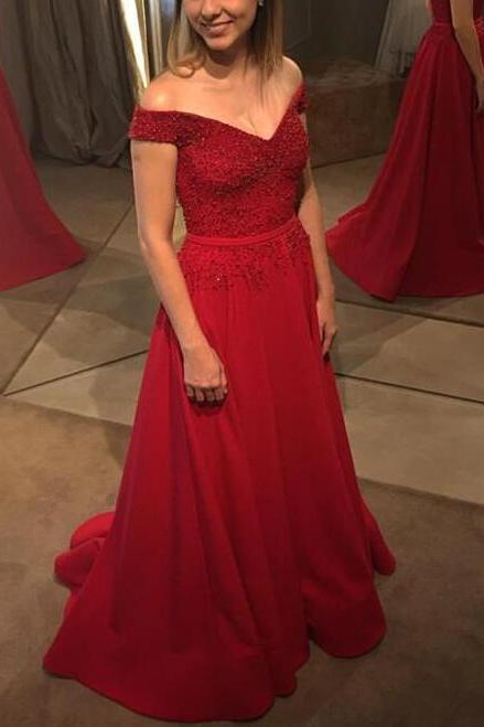 Beautiful Simple Red Off Shoulder Beaded Long Party Dress, Red Formal Dress, Prom Gowns