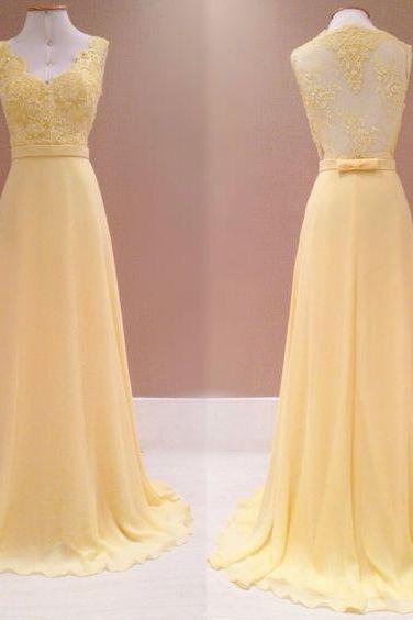 Light Yellow Lace And Chiffon Long Party Dress, Formal Gowns, Pretty Party Dresses