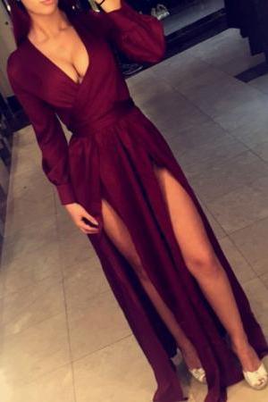 Dark Red Slit Long Sleeves Evening Dress, Pretty Formal Dress, Burgundy Gowns