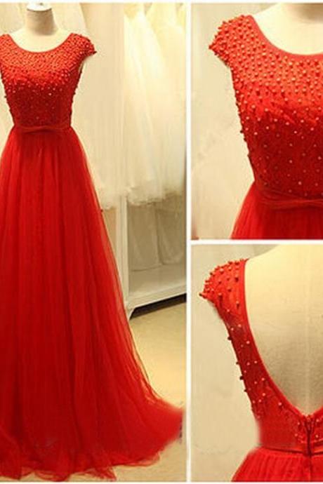 Gorgeous Handmade Red Tulle Cap Sleeves Long Formal Dress, Red Formal Gowns, Evening Dresses