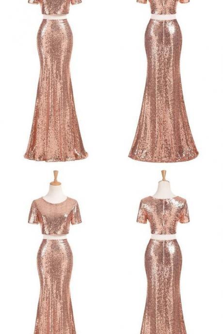Gold Sequins Two Piece Mermaid Long Prom Dress, Prom Dress 2018,short Sleeves Party Dress