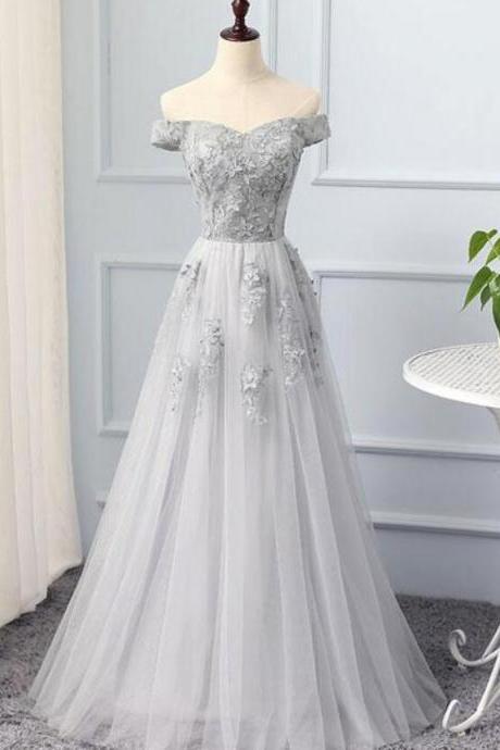 Grey Tulle Off Shoulder Long Prom Dress, Elegant Party Dress, Formal Dress 2018