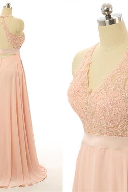 Pink Simple Hater Chiffon And Lace Long Formal Dress, Floor Length Party Dress, A-line Gowns