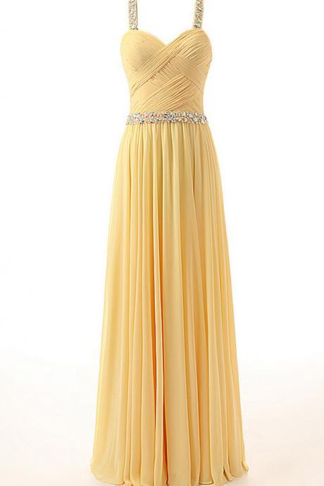 Pretty Yellow Chiffon Long Sequins Party Dress, Straps Sweetheart Formal Dress, Party Dress 