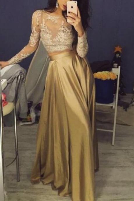 Gold Long Party Dress, Long Sleeves Party Dresses, Formal Dresses 2018