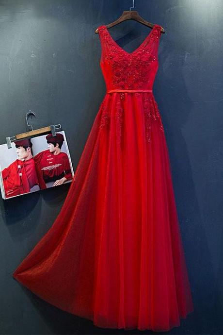 Red Tulle Pretty Party Dresses, A-line Long Formal Gowns, Party Dress 2018