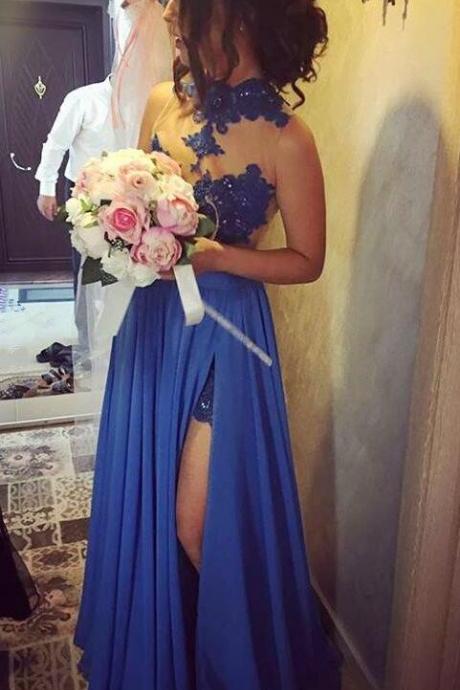 Blue Lace Halter Chiffon Slit Long Prom Dress, Long Party Dress, Formal Dresses