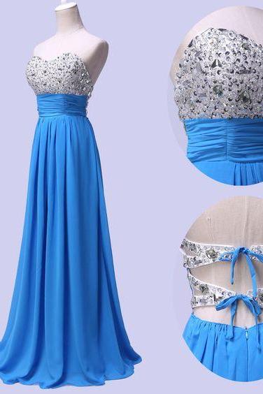 Lovely Blue Sequins And Beadings Chiffon A-line Party Dress, Charming Formal Dress 2018