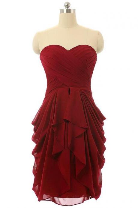 Simple Bridesmaid Dresses, Wine Red Short Chiffon Wedding Party Dress, Charming Formal Dresses