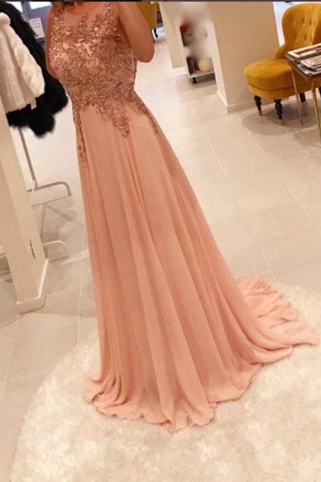 Light Pink Chiffon With Sequins Long Party Dress, Elegant Formal Dress, Junior Prom Dresses