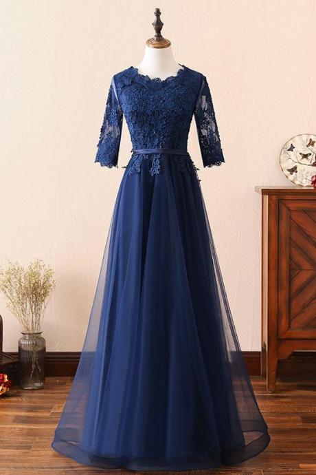 Navy Blue 1/2 Sleeves Bridesmaid Dresses, Tulle Long Party Dresses, Elegant Formal Dresses