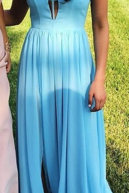 Light Blue Chiffon Long Charming Junior Prom Dress, Blue Formal Gowns, Lovely Party Dresses
