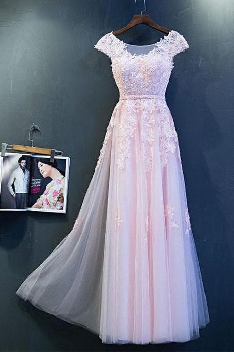 Lovely Long Pink Lace Round Neck Prom Dress,beteau Appliques Cap Sleeves Formal Dress,lace Up Tulle Junior Prom Dress