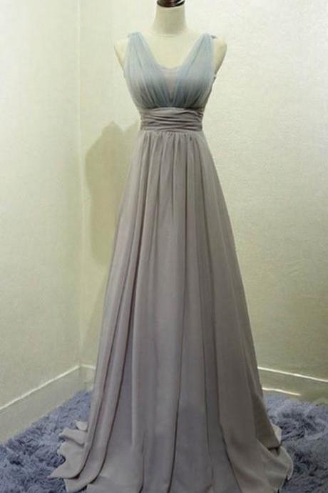 Grey Beautiful Simple V Neckline Bridesmaid Dress, Tulle Bridesmaid Dress, Long Bridesmaid Dress 2018