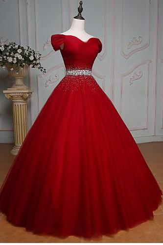 Wine Red Princess Tulle Long Party Dress, Off Shoulder Party Dress, Formal Gowns