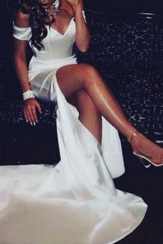 White Sexy Satin Slit Long Evening Dress, Off Shoulder Party Dress, White Prom Dress