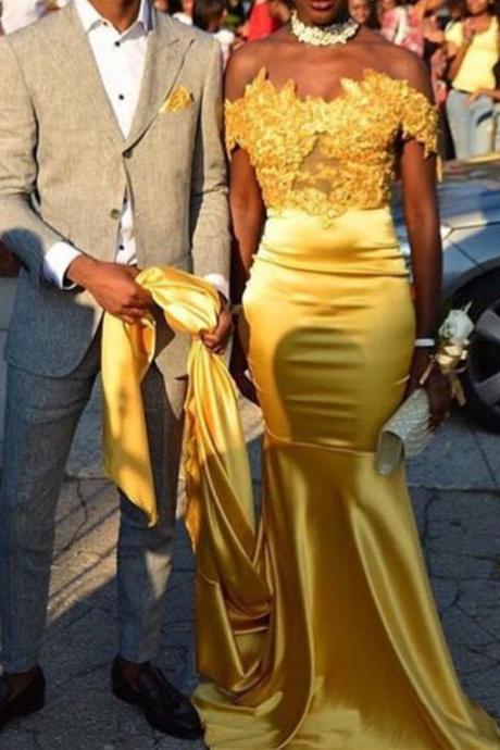 Beautiful Yellow Lace Appliques Top Court Trian Prom Dresses, Satin Evenging Party Gowns, Formal Dress