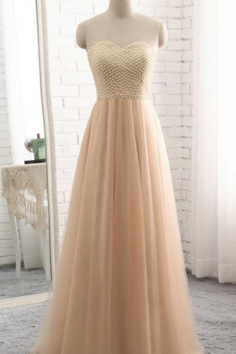 Champagne Tulle Long Prom Dress 2018, Beaded Party Dress, Formal Dresses