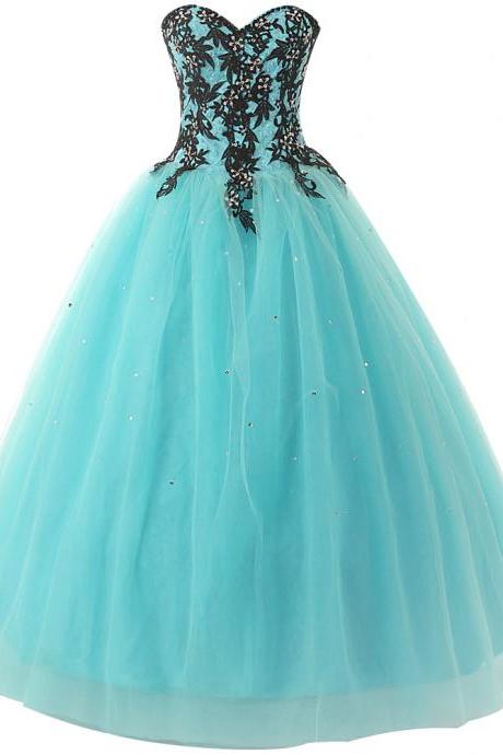 Gorgeous Blue Strapless Tulle Appliqué Quinceañera Dress With Sweetheart Neckline, Prom Gowns