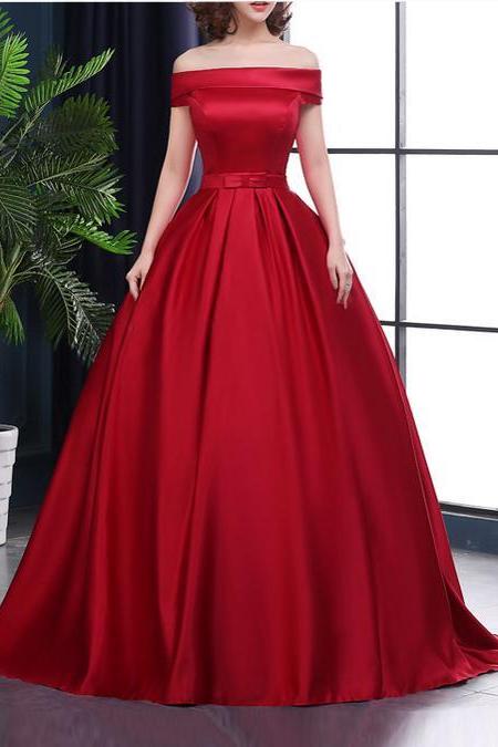 Red Satin Long Ball Gown Party Dress, Red Formal Gowns, Off Shoulder Party Dresses