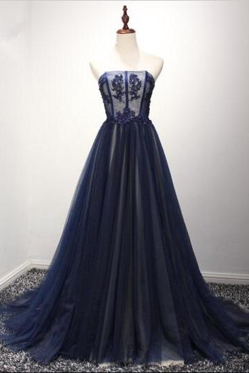 Navy Blue Tulle Party Gowns, Blue Prom Dress, Formal Dresses 2k18