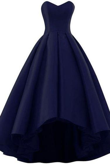 Navy Blue Satin High Low Sweetheart Party Dress 2k18, Blue Formal Dress, Dark Blue Party Dresses