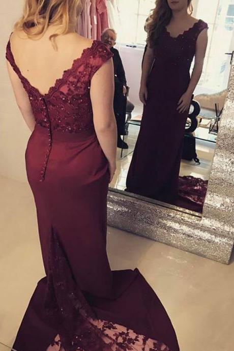 Maroon Mermaid Prom Dress With Sweep Train,lace Appliqued Party Dress 2k18, Formal Dresses