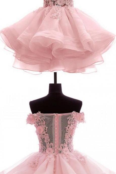Pink Lovely Organza Short Homecoming Dresses, Pink Organza Prom Dress, Off Shoulder Prom Dresses