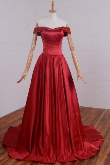 Red Off Shoulder Satin Long Beaded Formal Gowns, Red Party Dress, Formal Dresses