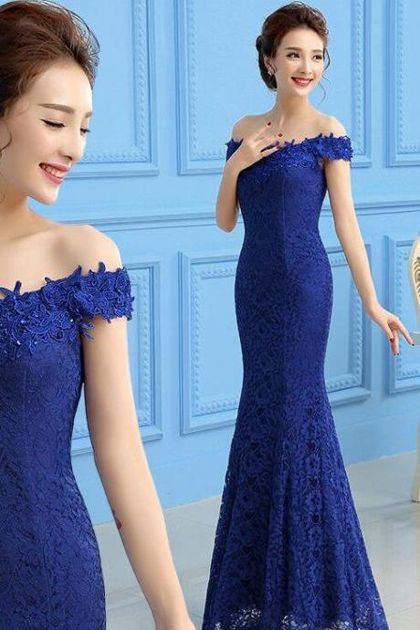 Royal Blue Lace Mermaid Off Shoulder Long Party Dress, Blue Party Gowns, Formal Dress 2k18
