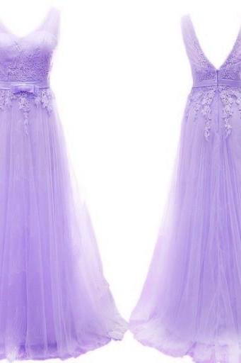 Simple Lavender Tulle Long Party Dresses, V-neckline Party Dresses, Formal Dress 2k18