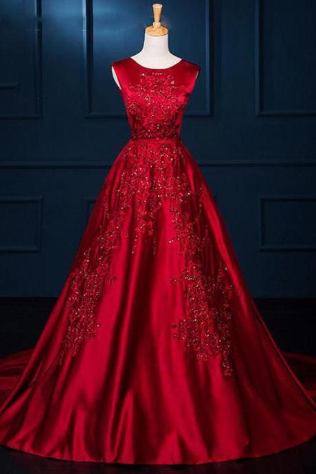 Charming Wine Red Wedding Gowns, Gorgeous Satin Party Gowns, Prom Dress 2k18