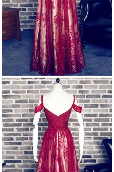 Wine Red Tulle And Lace Long Off Shoulder Prom Dress 2k18, Sweetheart Prom Dress, Formal Gowns