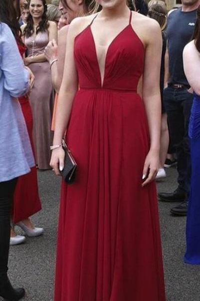 Beautiful Wine Red Chiffon Floor Length Prom Dress. Wine Red Halter Prom Dress 2018, Forma Dress