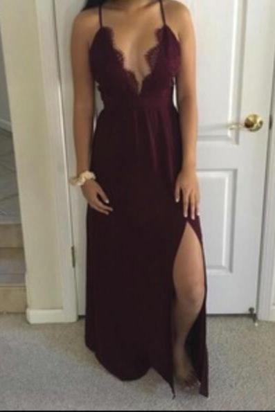 Maroon Slit Chiffon With Lace Straps Party Dress, Sexy Formal Dress, Maroon Formal Gowns