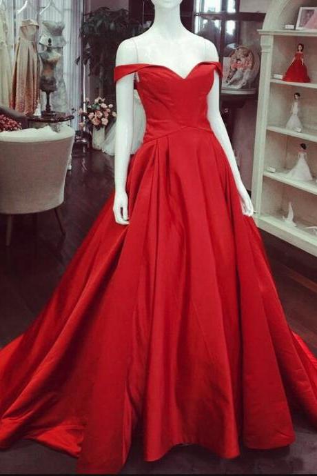Red Satin Long Off Shoulder Formal Gowns, Red Party Dress, Formal Dress 2018