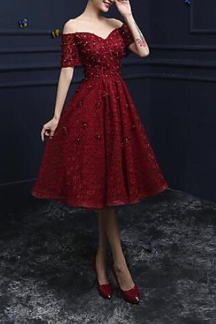 Dark Red Off Shoulder Short Party Dress, Vintage Formal Dress, Prom Dress For