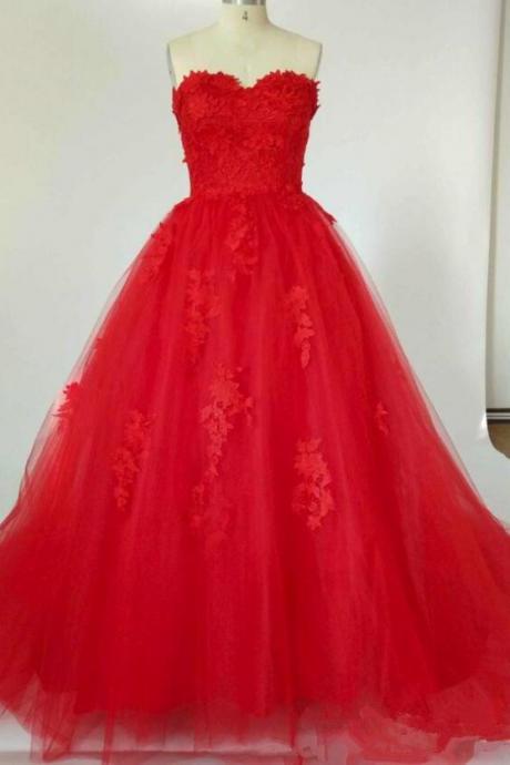 Red Tulle Lace Applique Sweetheart Formal Dress, Prom Gowns 2018, Red Evening Gowns