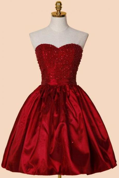 Red Satin Short Beaded Lace-up Homecoming Dresses, Teen Party Dress, Dark Red Formal Dress