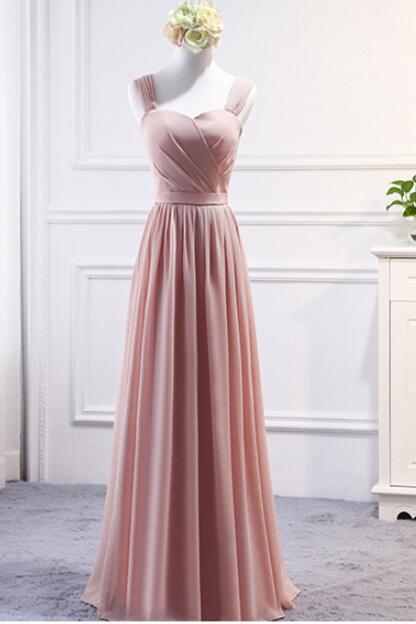 Pink Soft Chiffon Straps Lace-up Floor Length Wedding Party Dress, Pink Prom Dress 2018, Junior Party Dress