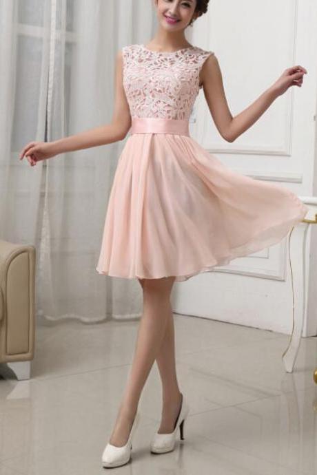 Pink Chiffon Short Party Dress, Chiffon And Lace Dress, Pink Bridesmaid Dresses