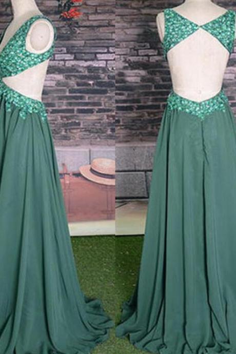 Hunter Green Chiffon Sexy Backless Long Beaded Prom Dress, A-line Party Dress, Prom Dress 2018