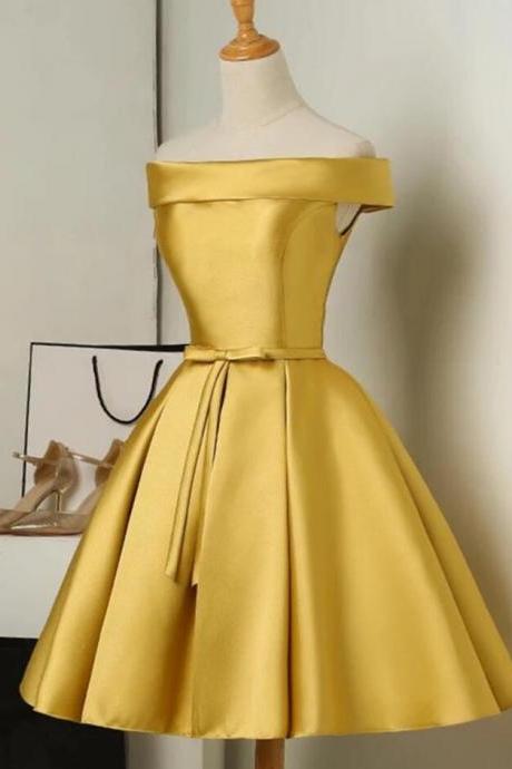 Beautiful Gold Short Satin Off Shoulder Homecoming Dress, Simple Knee Length Teen Formal Dress, Satin Formal Dress