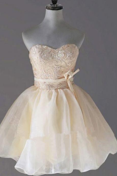 Lovely Champagne Short Organza And Lace Teen Party Dress, Short Prom Dress, Graduation Dresses