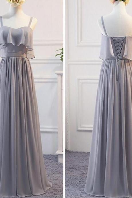 Grey Chiffon Simple Straps Floor Length Bridesmaid Dress, Beautiful Bridesmaid Dress, Party Dress 2018